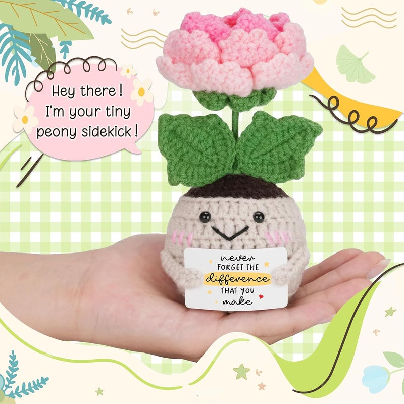 HEXMOZ Handmade Peony Flower Crochet Gift with Positive Card, Thank You Gifts for Women, Teacher Appreciation Gifts, Handmade Collectible Peony Doll Emotional Support Crochet Present for Nurse Boss Coworker - Image 2